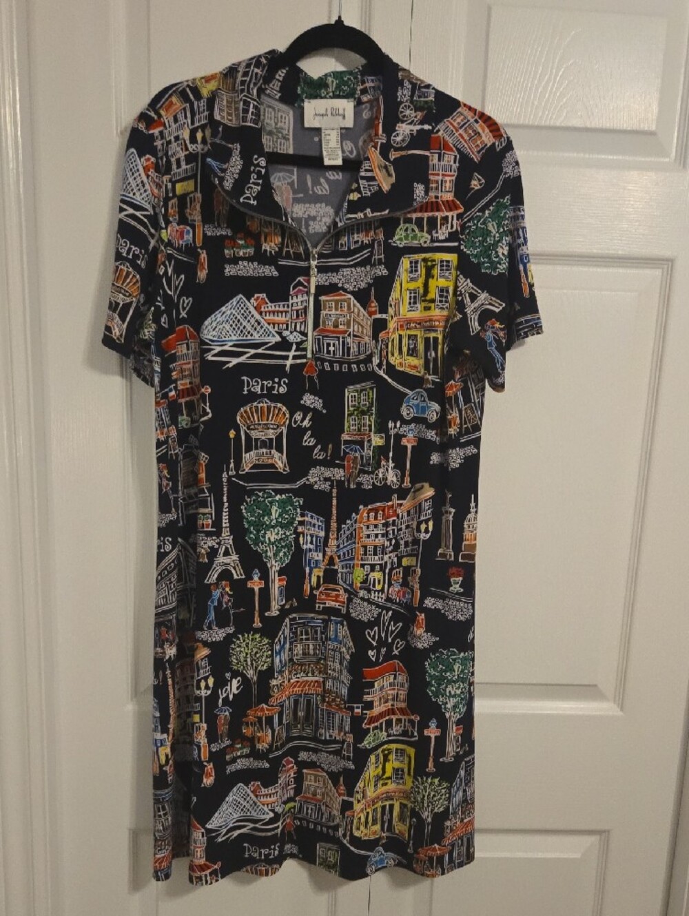 Joseph Ribkoff Black Dress with Green, Orange and Blue Cityscape Print - Picture 3 of 4